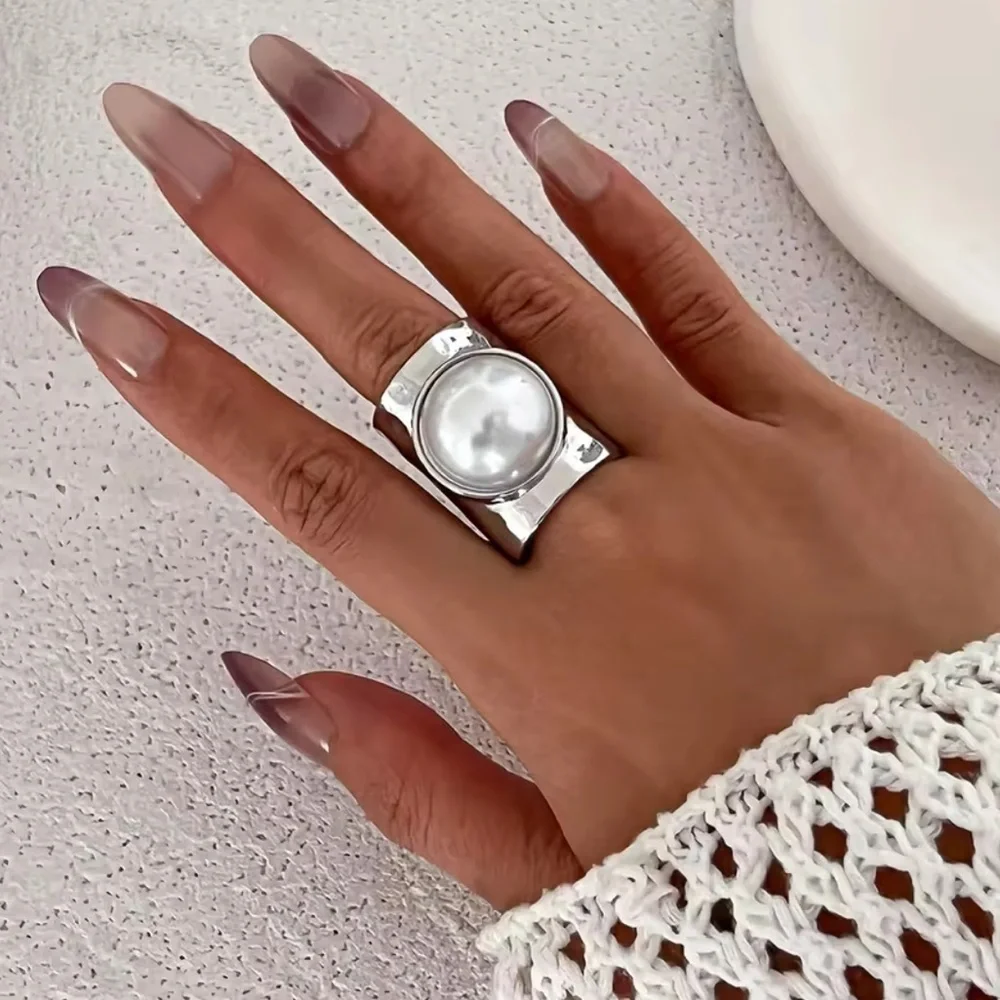 Silver Irregular Sculptural Adjustable Ring with White Pearl